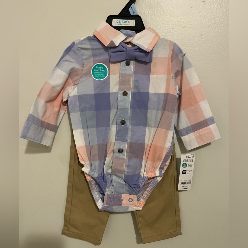 Plaid Button-Up Onesie with Bow Tie and Khakis
